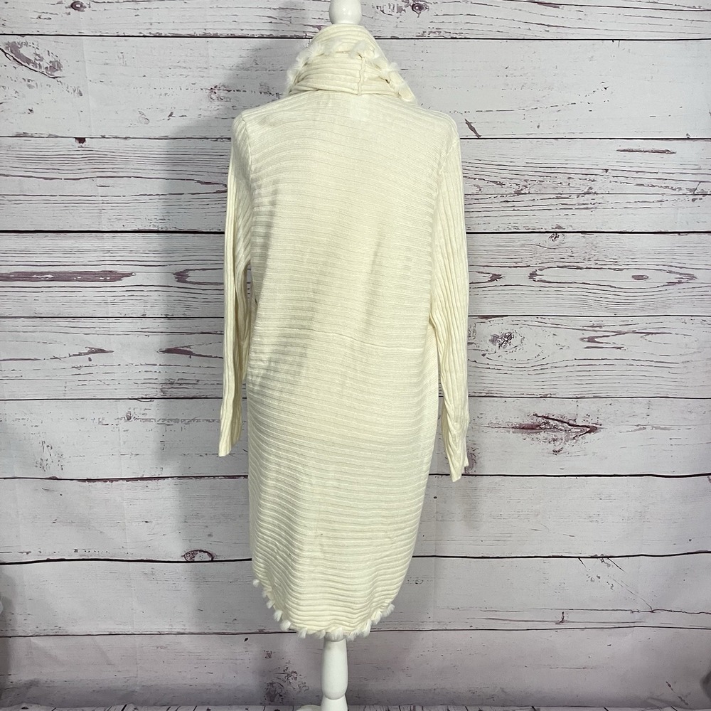 Chico's 3 Ecru Knit Open Cardigan‎ Sweater Fringe Trim Whipstitch Rib - Picture 3 of 15
